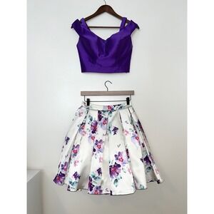DAVE & JOHNNY Purple Crop Top‎ Floral Skirt Set Prom Formal | 3/4
